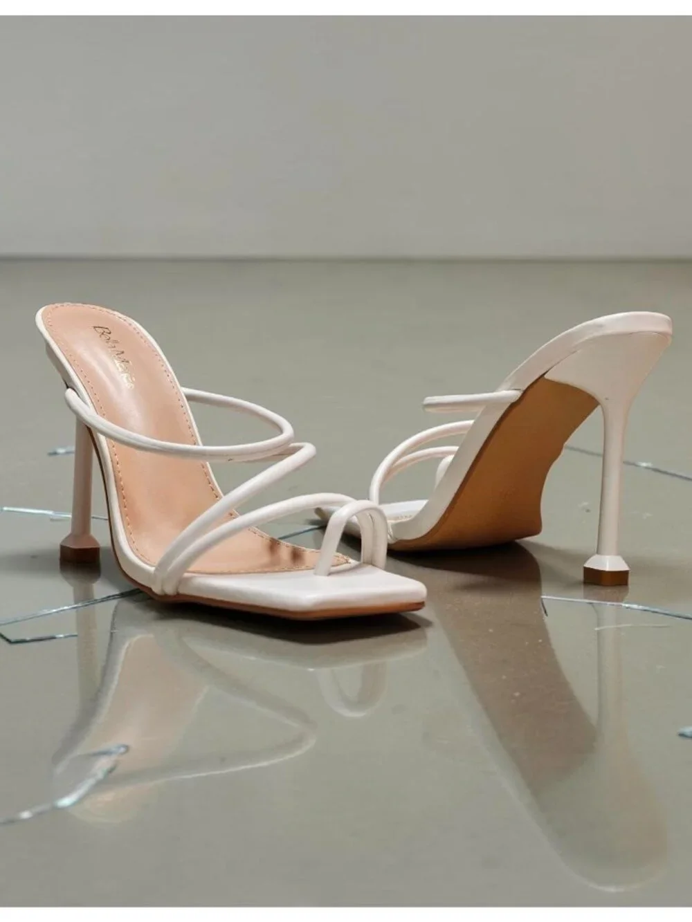 Strappy White High Heel Mules With Square Toe & Slim Stiletto Heels For Women